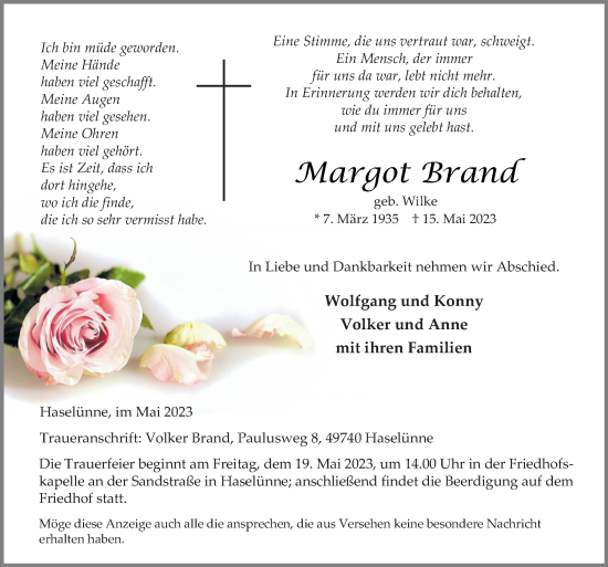 Traueranzeige von Margot Brand von Neue Osnabrücker Zeitung GmbH & Co. KG