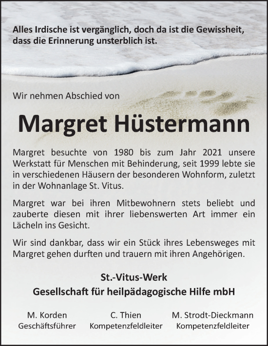 Traueranzeige von Margret Hüstermann von Neue Osnabrücker Zeitung GmbH & Co. KG