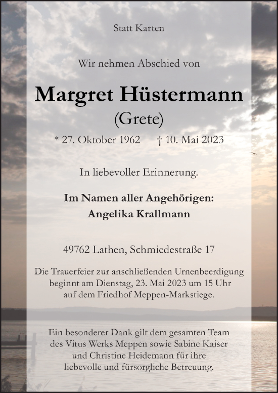 Traueranzeige von Margret Hüstermann von Neue Osnabrücker Zeitung GmbH & Co. KG