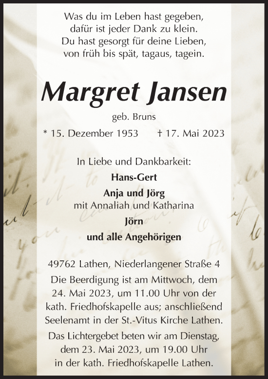 Traueranzeige von Margret Jansen von Neue Osnabrücker Zeitung GmbH & Co. KG