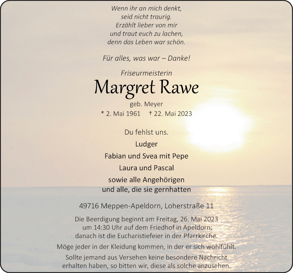  Traueranzeige für Margret Rawe vom 24.05.2023 aus Neue Osnabrücker Zeitung GmbH & Co. KG