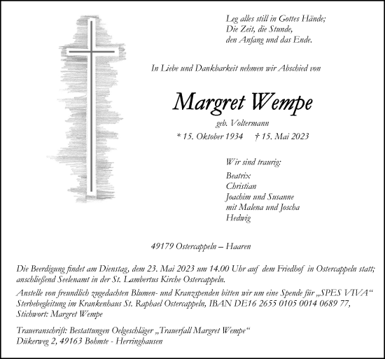 Traueranzeige von Margret Wempe von Neue Osnabrücker Zeitung GmbH & Co. KG