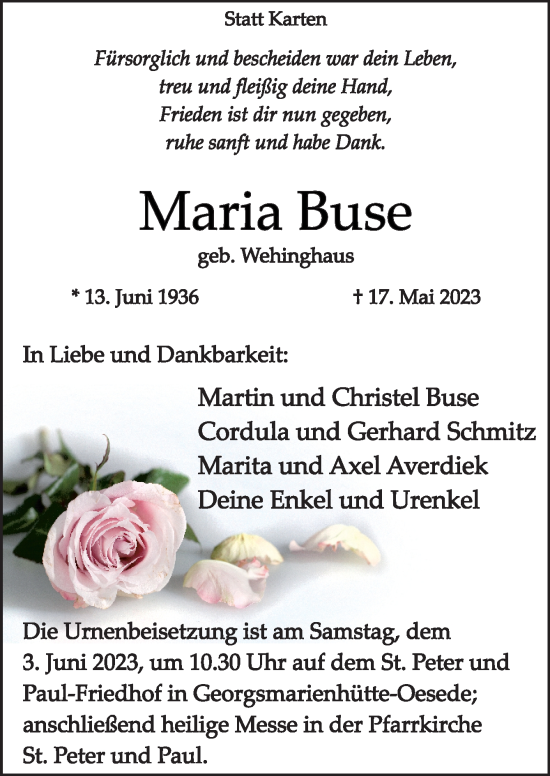 Traueranzeige von Maria Buse von Neue Osnabrücker Zeitung GmbH & Co. KG