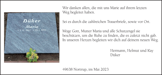 Traueranzeige von Maria Düker von Neue Osnabrücker Zeitung GmbH & Co. KG