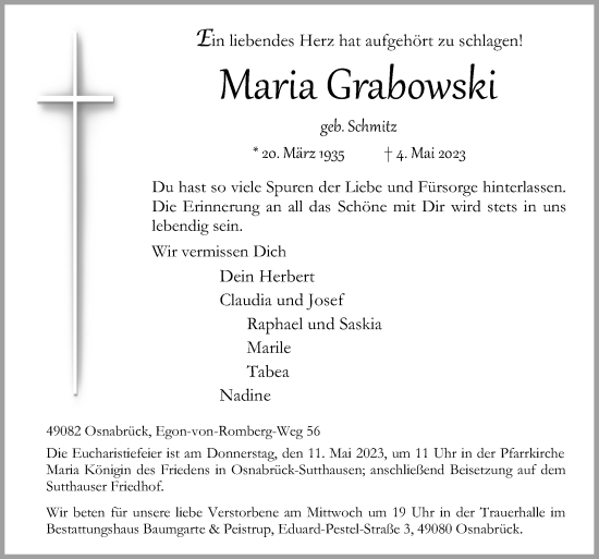 Traueranzeige von Maria Grabowski von Neue Osnabrücker Zeitung GmbH & Co. KG