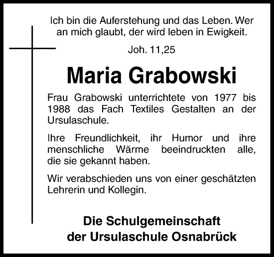 Traueranzeige von Maria Grabowski von Neue Osnabrücker Zeitung GmbH & Co. KG