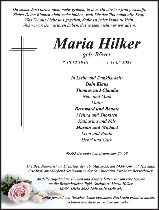 Traueranzeige von Maria Hilker von Neue Osnabrücker Zeitung GmbH & Co. KG