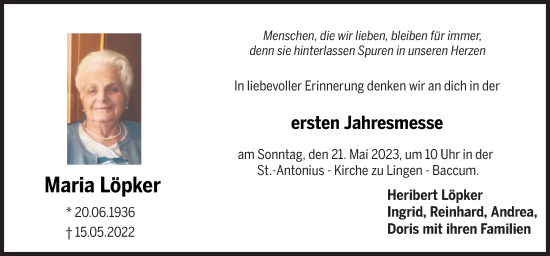 Traueranzeige von Maria Löpker von Neue Osnabrücker Zeitung GmbH & Co. KG