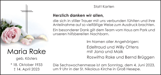 Traueranzeige von Maria Rake von Neue Osnabrücker Zeitung GmbH & Co. KG