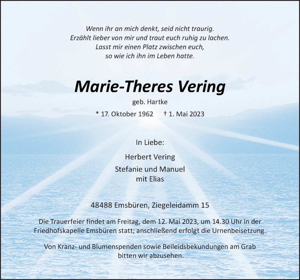  Traueranzeige für Marie-Theres Vering vom 06.05.2023 aus Neue Osnabrücker Zeitung GmbH & Co. KG