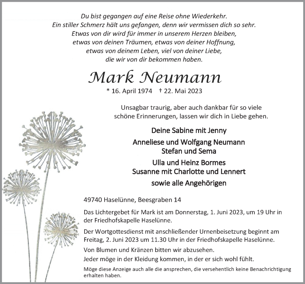  Traueranzeige für Mark Neumann vom 27.05.2023 aus Neue Osnabrücker Zeitung GmbH & Co. KG