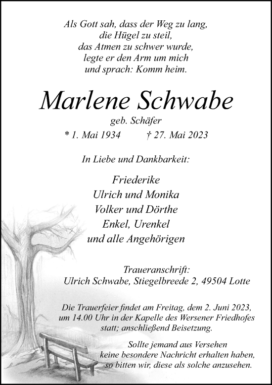 Traueranzeige von Marlene Schwabe von Neue Osnabrücker Zeitung GmbH & Co. KG