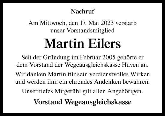 Traueranzeige von Martin Eilers von Neue Osnabrücker Zeitung GmbH & Co. KG