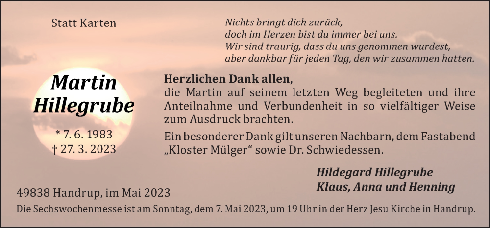  Traueranzeige für Martin Hillegrube vom 03.05.2023 aus Neue Osnabrücker Zeitung GmbH & Co. KG