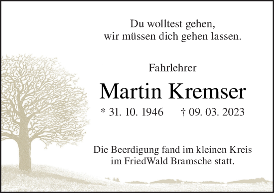 Traueranzeige von Martin Kremser von Neue Osnabrücker Zeitung GmbH & Co. KG