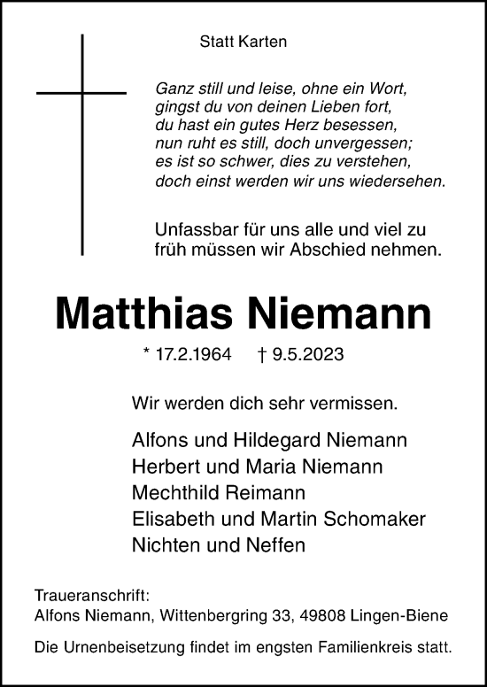 Traueranzeige von Matthias Niemann von Neue Osnabrücker Zeitung GmbH & Co. KG