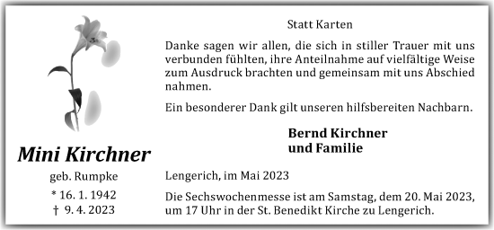 Traueranzeige von Mini Kirchner von Neue Osnabrücker Zeitung GmbH & Co. KG