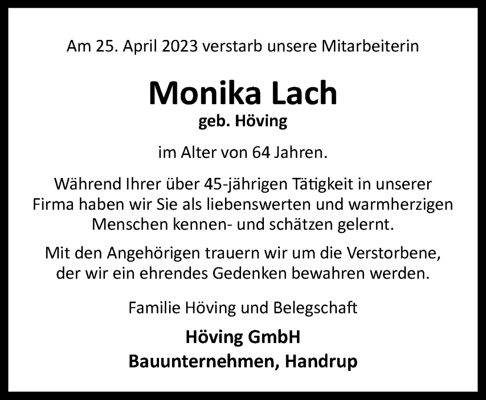  Traueranzeige für Monika Lach vom 02.05.2023 aus Neue Osnabrücker Zeitung GmbH & Co. KG