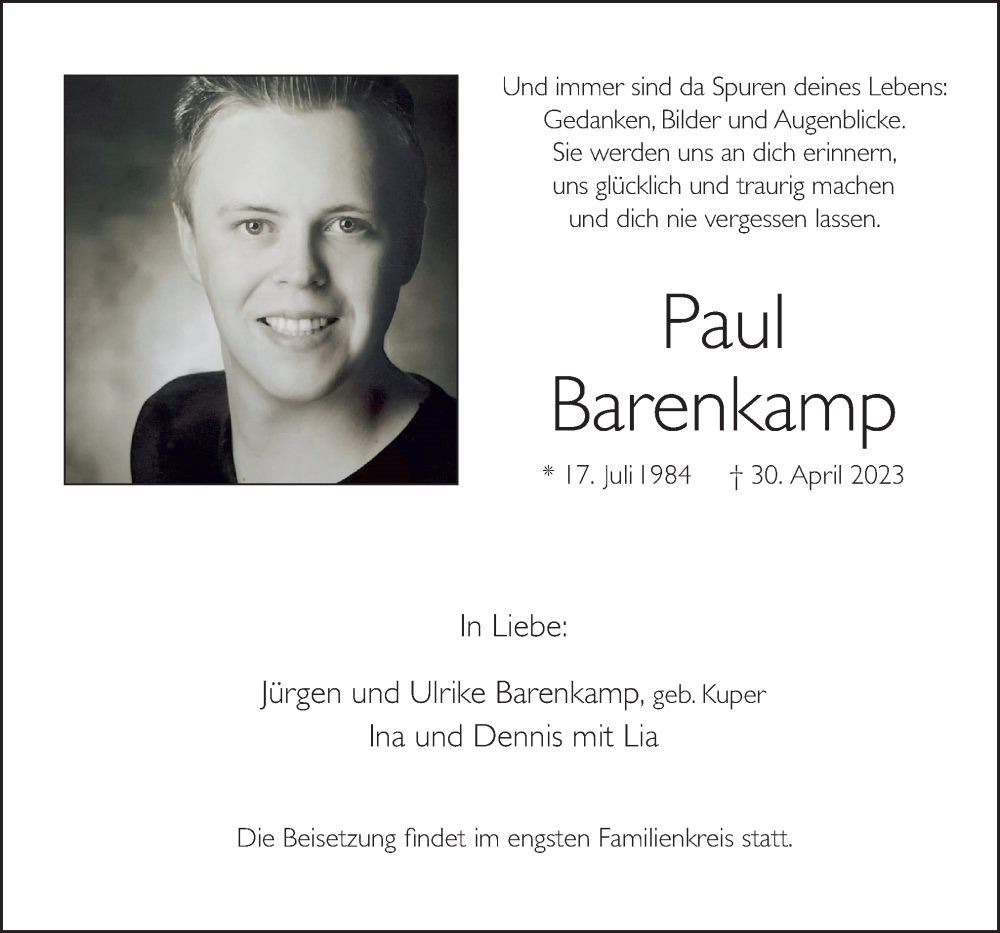  Traueranzeige für Paul Barenkamp vom 13.05.2023 aus Neue Osnabrücker Zeitung GmbH & Co. KG