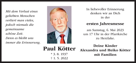 Traueranzeige von Paul Kötter von Neue Osnabrücker Zeitung GmbH & Co. KG