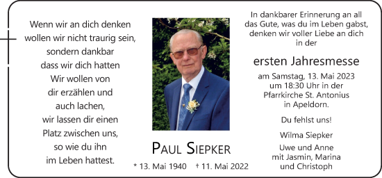 Traueranzeige von Paul Siepker von Neue Osnabrücker Zeitung GmbH & Co. KG