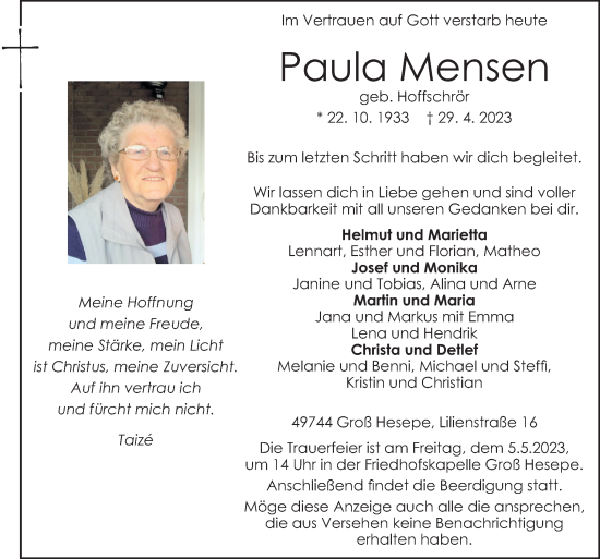 Traueranzeige von Paula Mensen von Neue Osnabrücker Zeitung GmbH & Co. KG