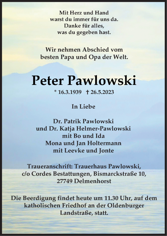  Traueranzeige für Peter Pawlowski vom 31.05.2023 aus DK Medien GmbH & Co. KG