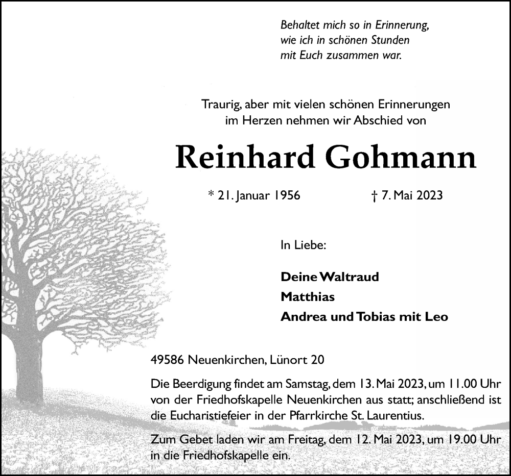  Traueranzeige für Reinhard Gohmann vom 10.05.2023 aus Neue Osnabrücker Zeitung GmbH & Co. KG