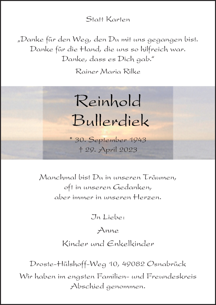  Traueranzeige für Reinhold Bullerdiek vom 13.05.2023 aus Neue Osnabrücker Zeitung GmbH & Co. KG