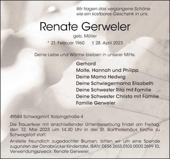 Traueranzeige von Renate Gerweler von Neue Osnabrücker Zeitung GmbH & Co. KG