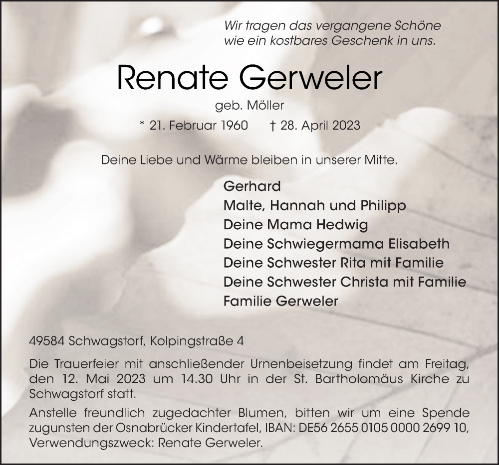  Traueranzeige für Renate Gerweler vom 06.05.2023 aus Neue Osnabrücker Zeitung GmbH & Co. KG