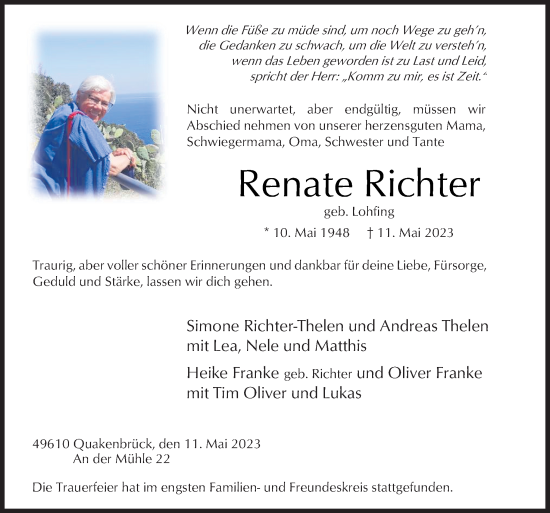 Traueranzeige von Renate Richter von Neue Osnabrücker Zeitung GmbH & Co. KG