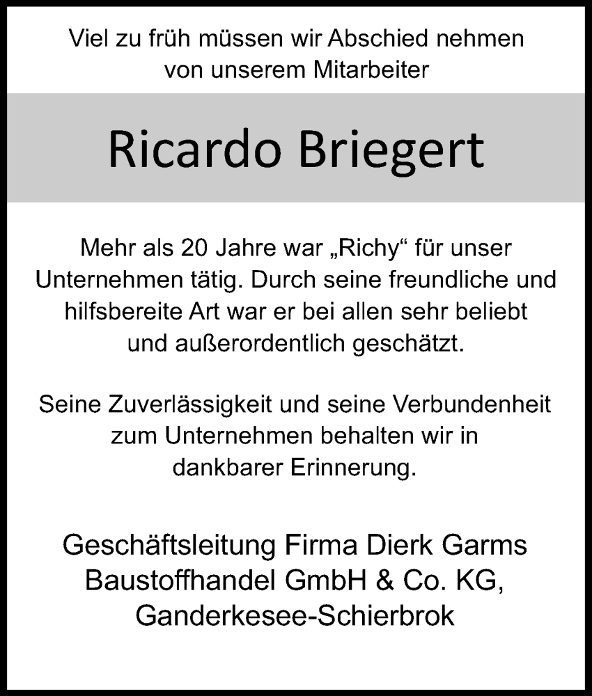  Traueranzeige für Ricardo Briegert vom 13.05.2023 aus DK Medien GmbH & Co. KG