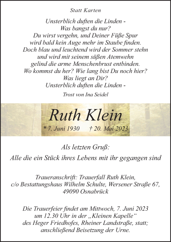 Traueranzeige von Ruth Klein von Neue Osnabrücker Zeitung GmbH & Co. KG