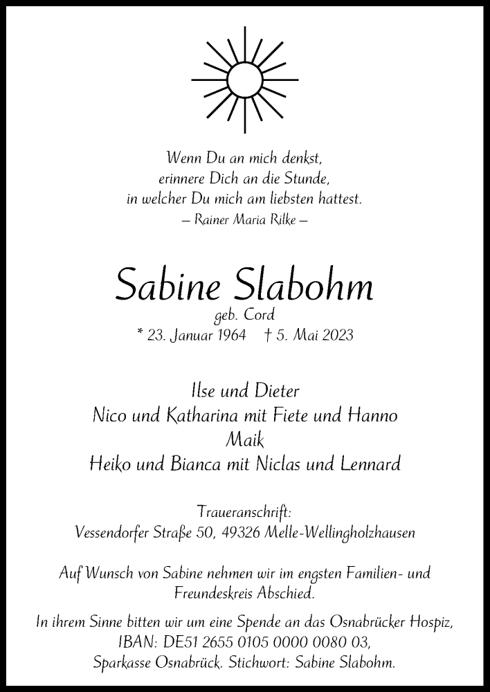  Traueranzeige für Sabine Slabohm vom 09.05.2023 aus Neue Osnabrücker Zeitung GmbH & Co. KG