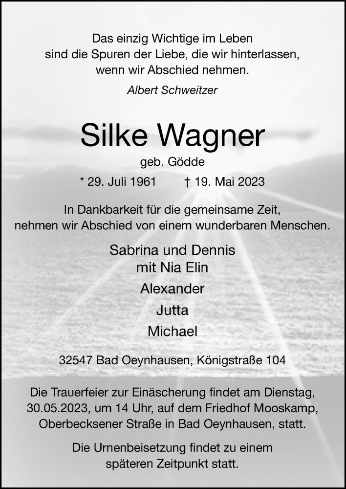  Traueranzeige für Silke Wagner vom 27.05.2023 aus Neue Osnabrücker Zeitung GmbH & Co. KG