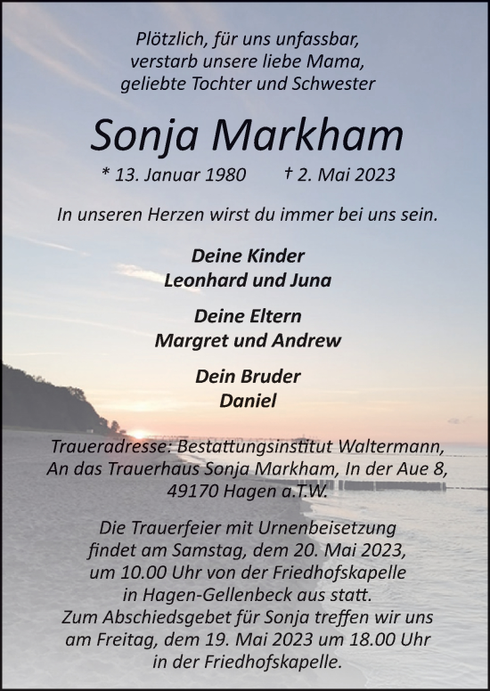 Traueranzeige von Sonja Markham von Neue Osnabrücker Zeitung GmbH & Co. KG