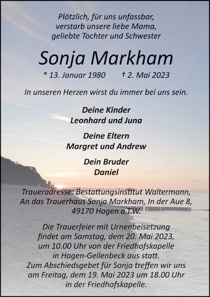  Traueranzeige für Sonja Markham vom 13.05.2023 aus Neue Osnabrücker Zeitung GmbH & Co. KG