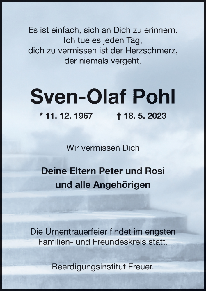  Traueranzeige für Sven-Olaf Pohl vom 27.05.2023 aus DK Medien GmbH & Co. KG