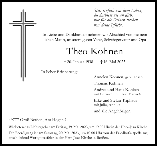 Traueranzeige von Theo Kohnen von Neue Osnabrücker Zeitung GmbH & Co. KG