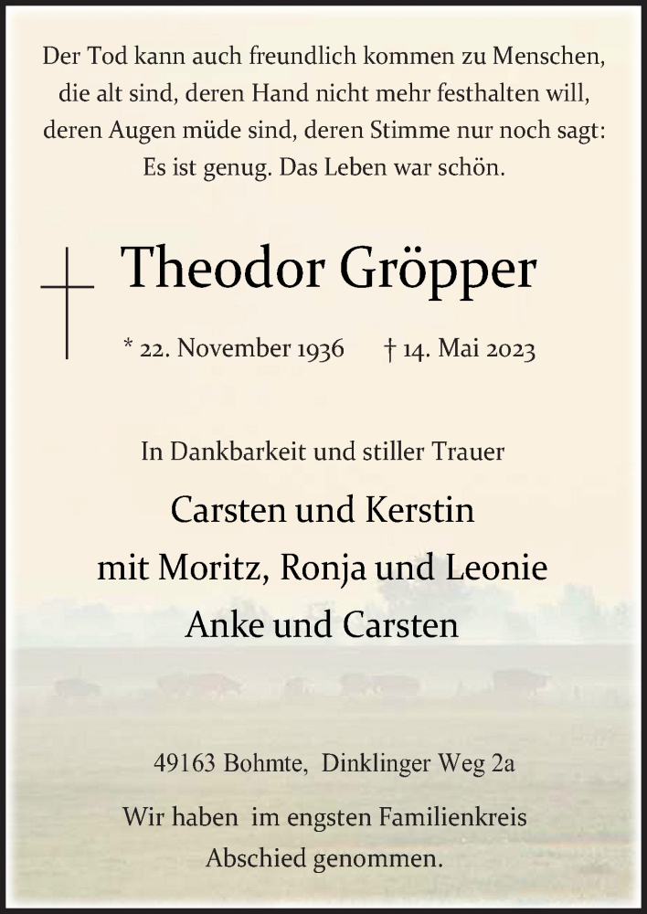  Traueranzeige für Theodor Gröpper vom 19.05.2023 aus Neue Osnabrücker Zeitung GmbH & Co. KG