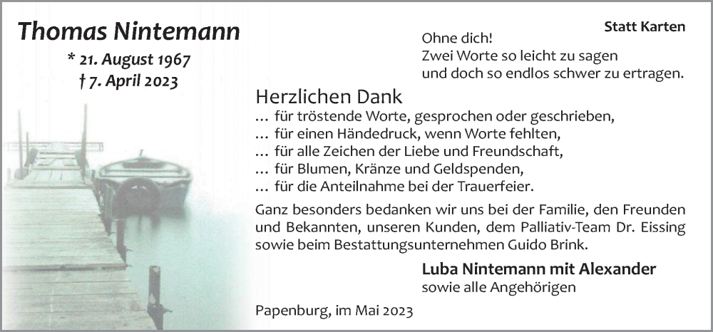  Traueranzeige für Thomas Nintemann vom 27.05.2023 aus Neue Osnabrücker Zeitung GmbH & Co. KG