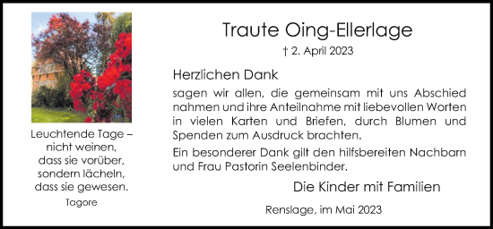 Traueranzeige von Traute Oing-Ellerlage von Neue Osnabrücker Zeitung GmbH & Co. KG