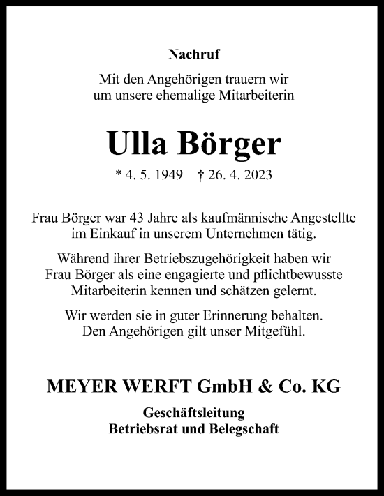 Traueranzeige von Ulla Börger von Neue Osnabrücker Zeitung GmbH & Co. KG