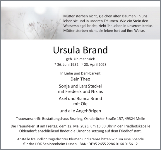 Traueranzeige von Ursula Brand von Neue Osnabrücker Zeitung GmbH & Co. KG