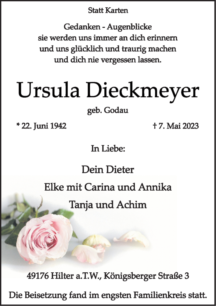  Traueranzeige für Ursula Dieckmeyer vom 24.05.2023 aus Neue Osnabrücker Zeitung GmbH & Co. KG