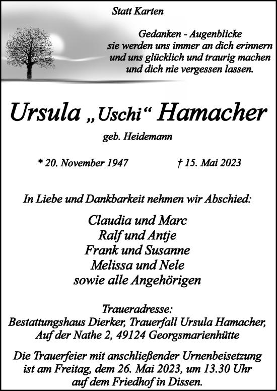 Traueranzeige von Ursula Hamacher von Neue Osnabrücker Zeitung GmbH & Co. KG