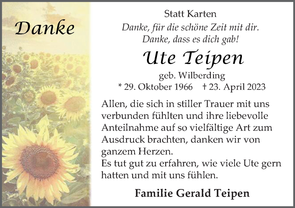  Traueranzeige für Ute Teipen vom 13.05.2023 aus Neue Osnabrücker Zeitung GmbH & Co. KG