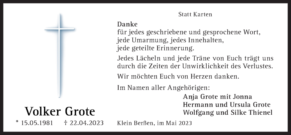 Traueranzeige für Volker Grote vom 27.05.2023 aus Neue Osnabrücker Zeitung GmbH & Co. KG