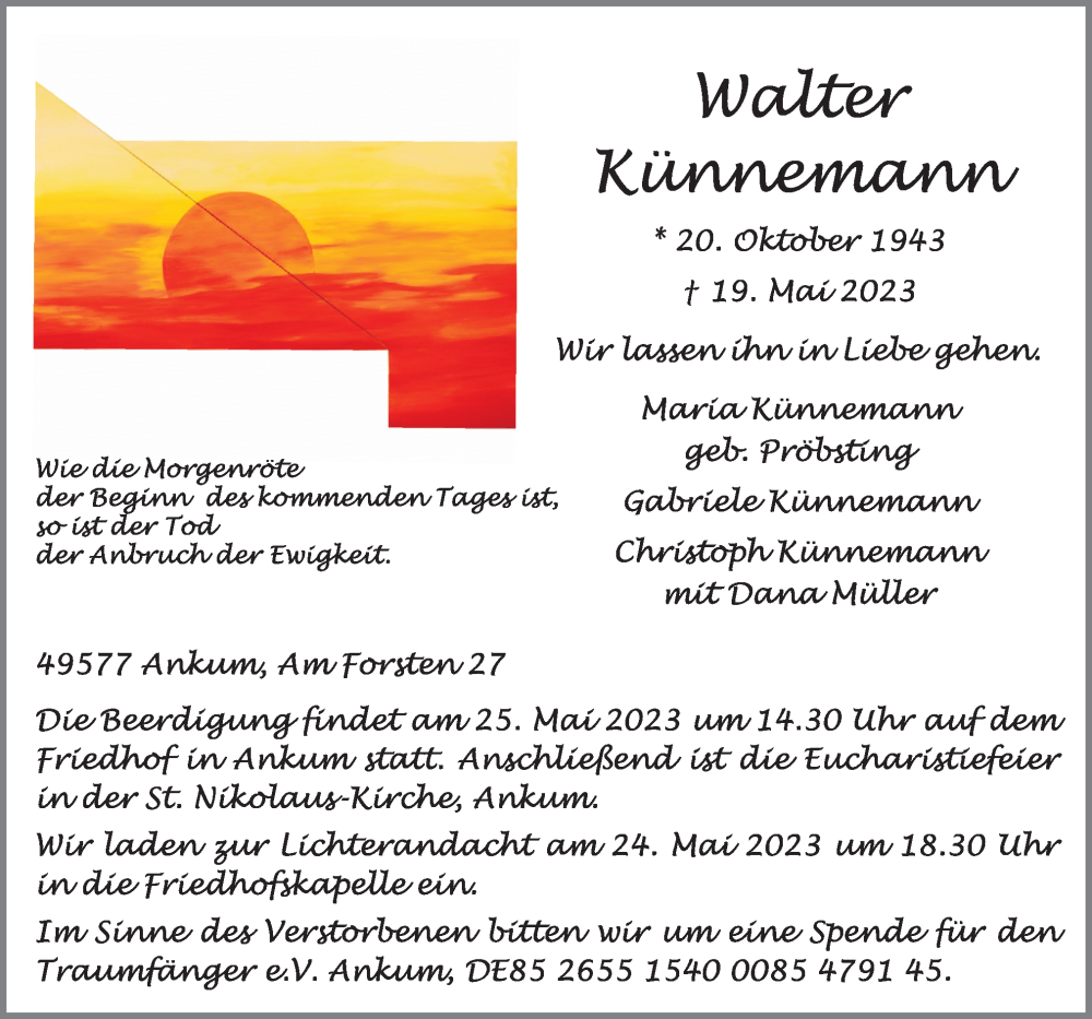  Traueranzeige für Walter Künnemann vom 22.05.2023 aus Neue Osnabrücker Zeitung GmbH & Co. KG